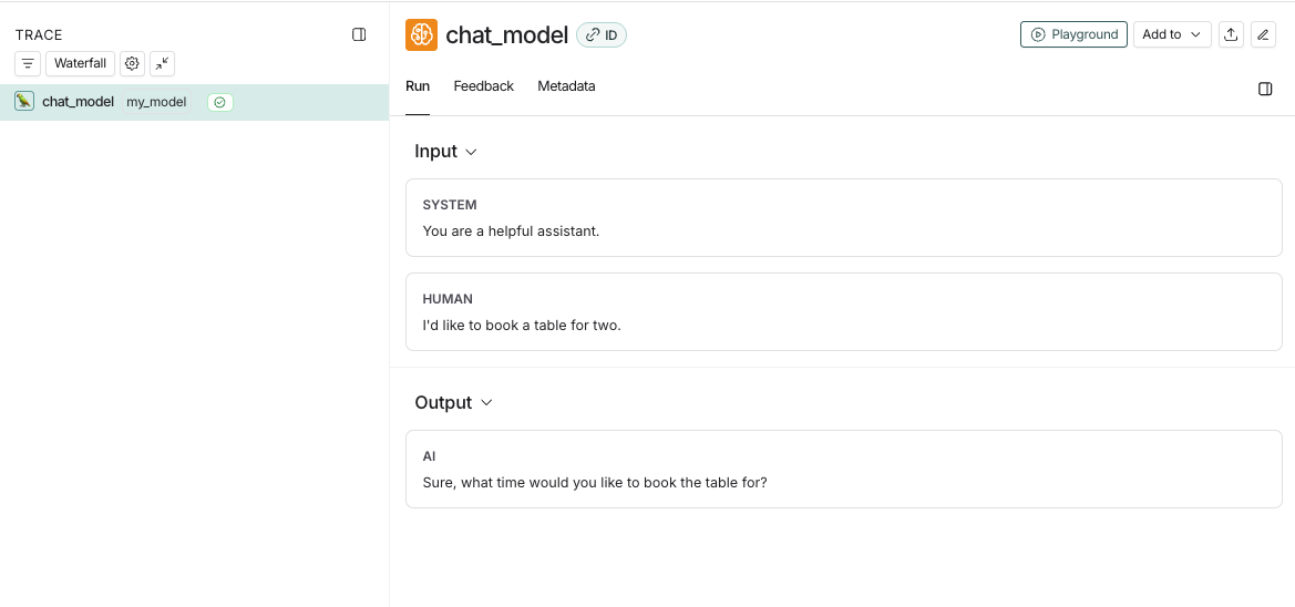 LangSmith UI 显示一个名为 ChatOpenAI 的 LLM 调用跟踪,包含系统和人机输入,后跟 AI 输出。