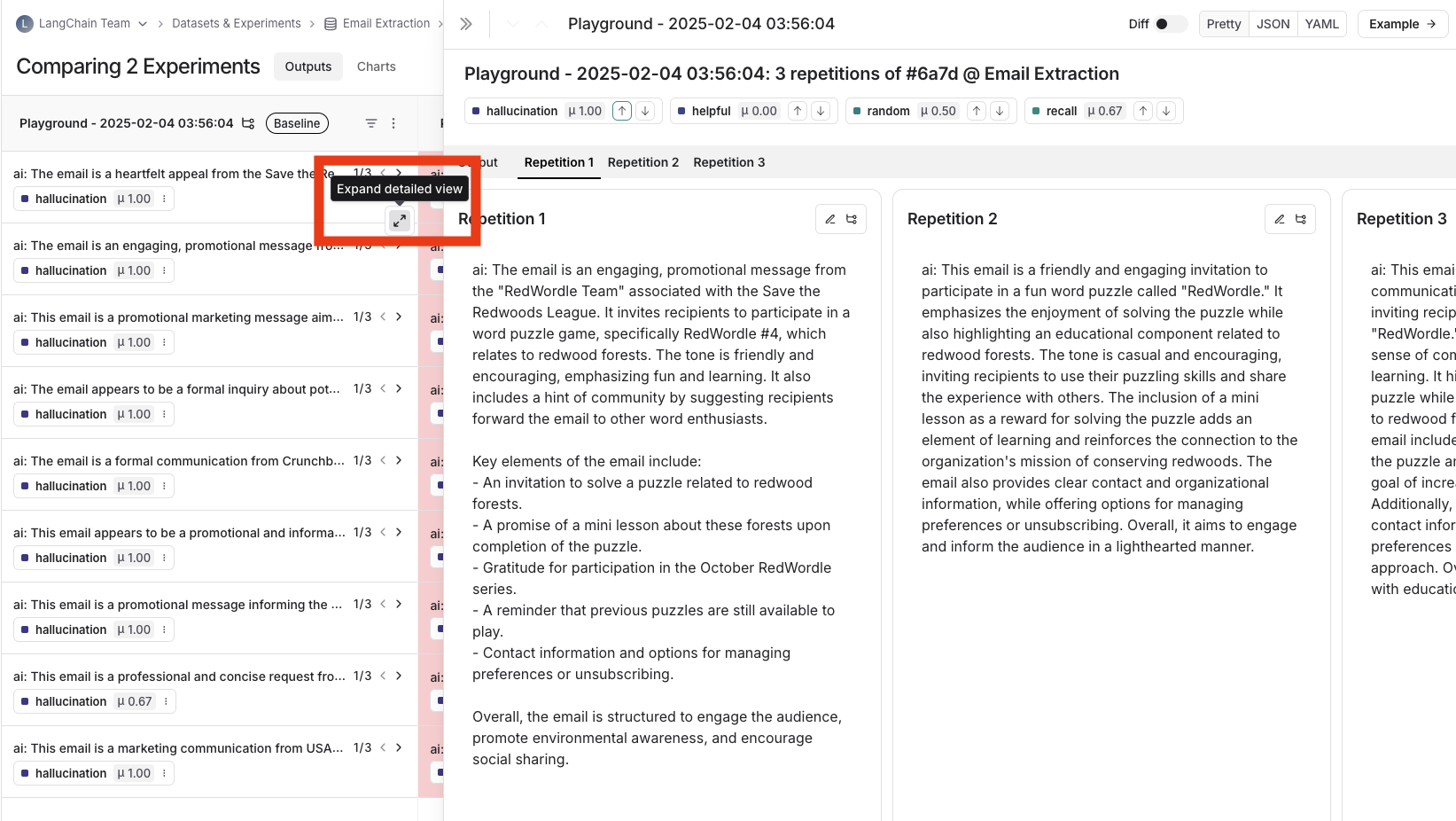 Comparing Experiments 视图中一个示例的展开视图，展示了重复项。