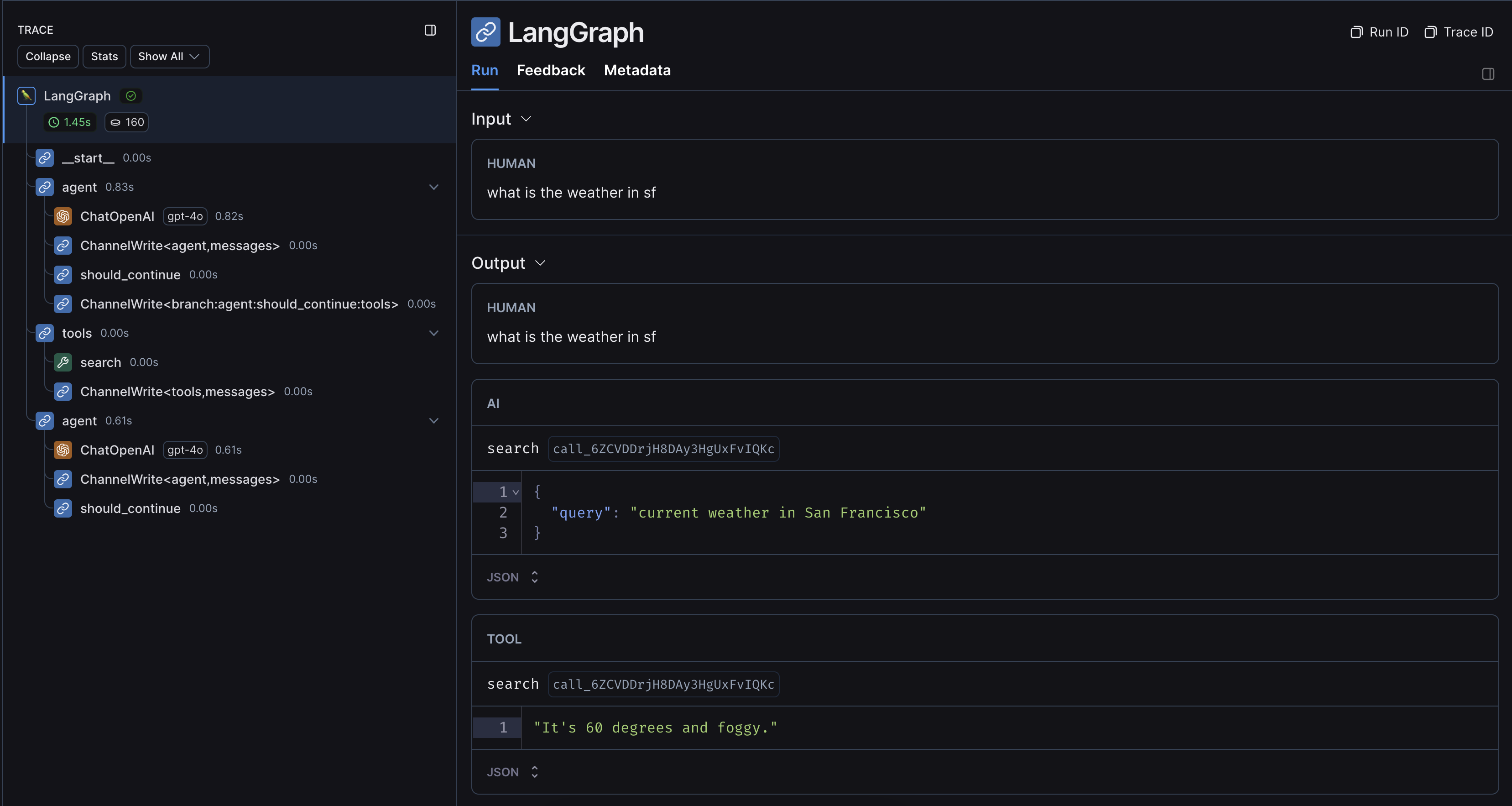 使用 LangChain 的 LangGraph 运行的追踪树