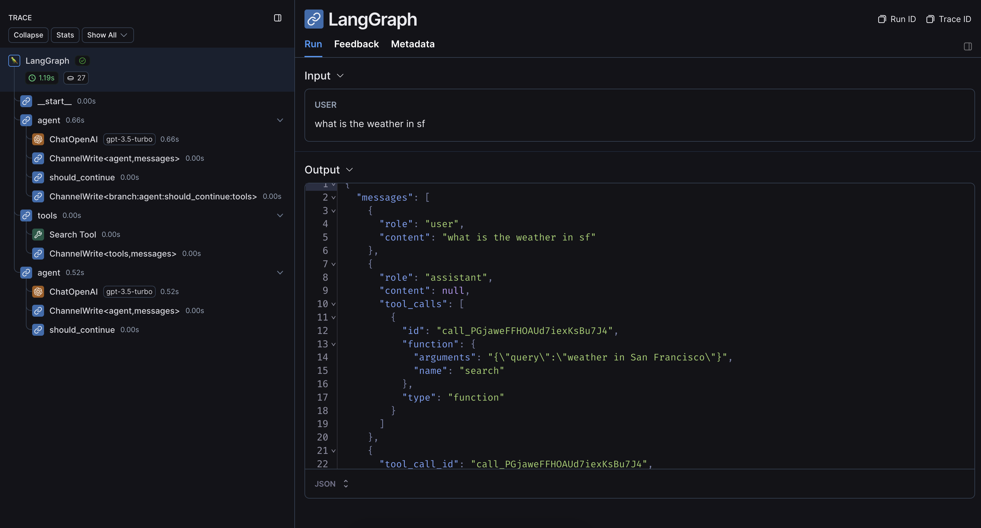 不使用 LangChain 的 LangGraph 运行的追踪树