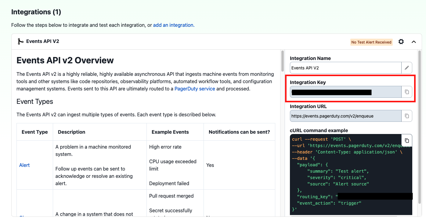 PagerDuty 集成密钥位置