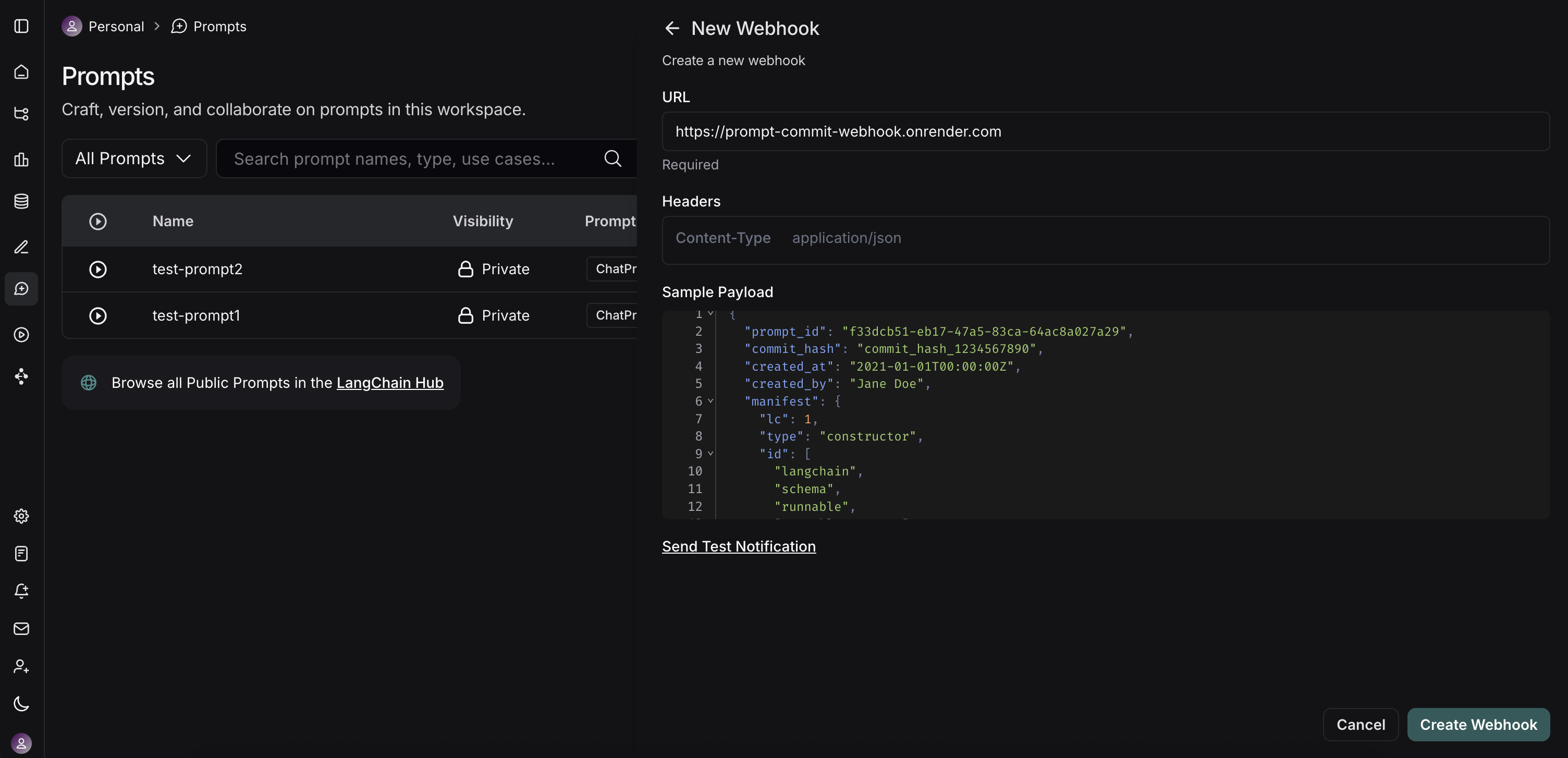 LangSmith Webhook 配置模态框